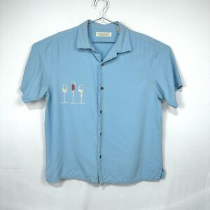 Island Republic Hawaiian Shirt L Blue Silk Embroidered Wine Glasses XL